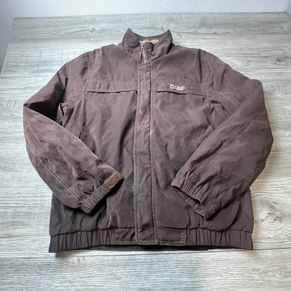 Chaps Bomber Jacket Mens Medium Brown Full Zip‎ Padded Micro Suede Workwear